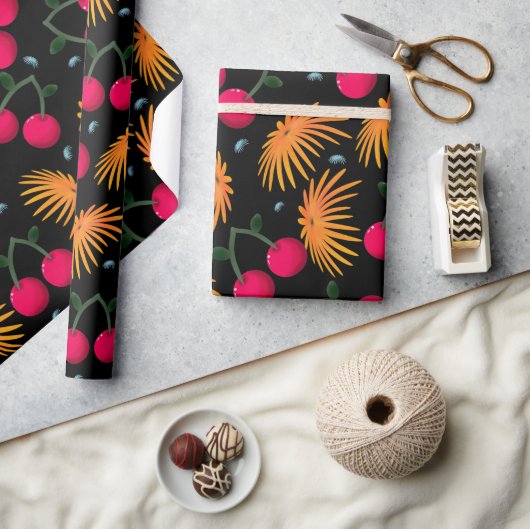 Orange Floral Cherry Pattern Cadeaupapier (Crafts)