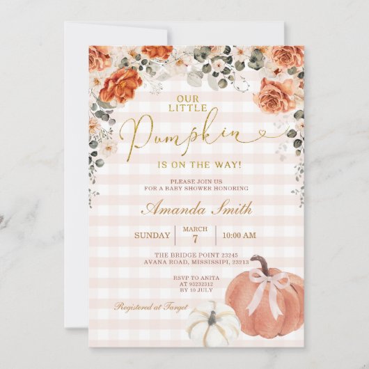 Orange Floral Little Pumpkin Gingham Baby Shower Kaart (Voorkant)