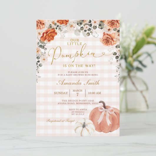 Orange Floral Little Pumpkin Gingham Baby Shower Kaart (Staand voorkant)