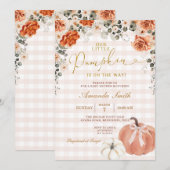 Orange Floral Little Pumpkin Gingham Baby Shower Kaart (Voorkant / Achterkant)