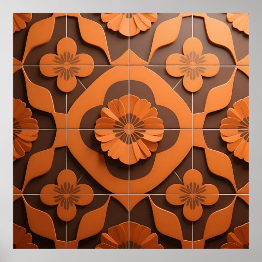 Orange Floral Medallion Geometric Tile Pattern Poster (Voorkant)