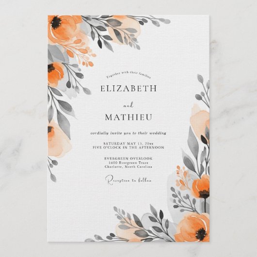 Orange Floral Painterly Wedding Kaart (Voorkant)