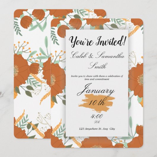 Orange Flower Wedding Invitation Kaart (Voorkant / Achterkant)