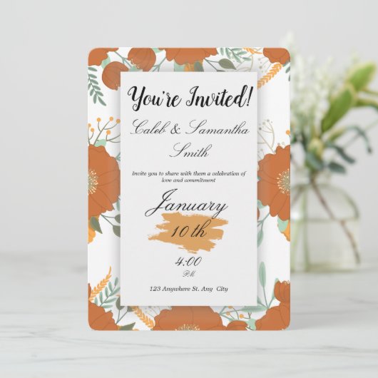 Orange Flower Wedding Invitation Kaart (Staand voorkant)