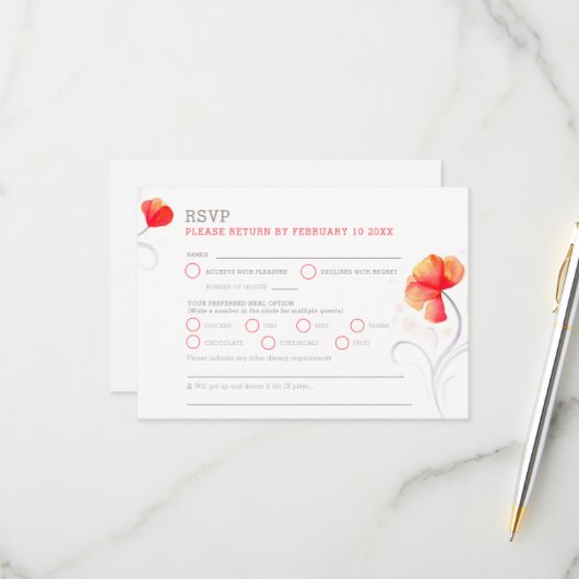 Orange flowers gray swirl watercolor RSVP (Voorkant / Achterkant in situ)