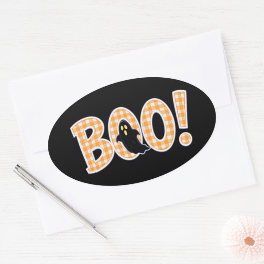 Orange Gingham BOO Ghost Ovale Sticker (Envelop)