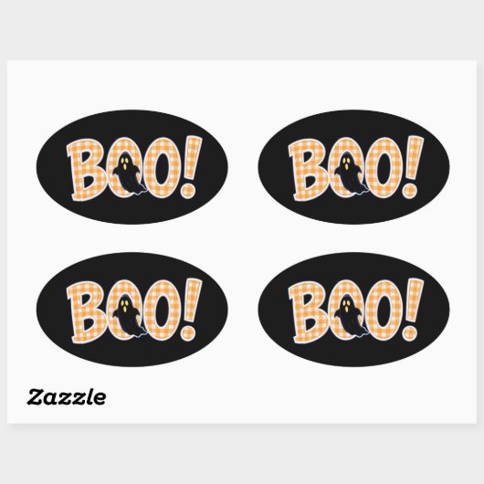 Orange Gingham BOO Ghost Ovale Sticker (Vel)