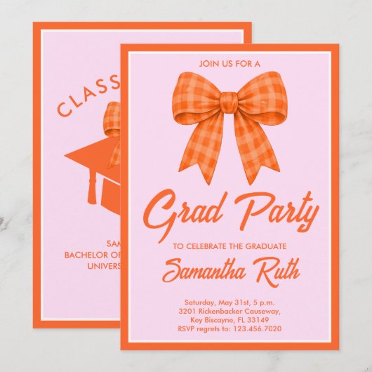 Orange Gingham Bow Graduation Party Kaart (Voorkant / Achterkant)