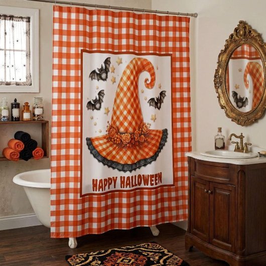 Orange Gingham Halloween Witch Hat & Bats Douchegordijn