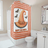 Orange Gingham Halloween Witch Hat & Bats Douchegordijn (In situ)