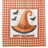 Orange Gingham Halloween Witch Hat & Bats Douchegordijn (Voorkant)