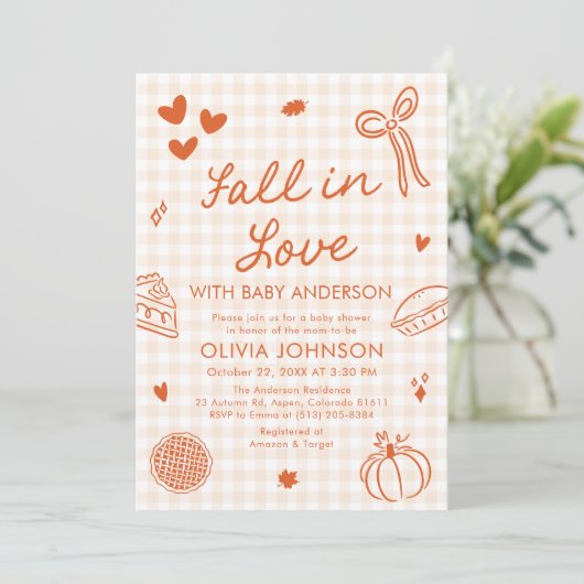 Orange Gingham Hand Drawn Fall in Love Baby Shower Kaart (Staand voorkant)