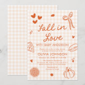 Orange Gingham Hand Drawn Fall in Love Baby Shower Kaart (Voorkant / Achterkant)