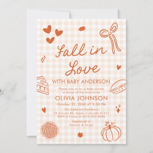 Orange Gingham Hand Drawn Fall in Love Baby Shower Kaart (Voorkant)