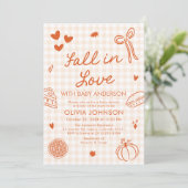 Orange Gingham Hand Drawn Fall in Love Baby Shower Kaart (Staand voorkant)