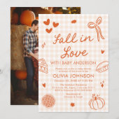 Orange Gingham Hand Drawn Fall in Love Baby Shower Kaart (Voorkant / Achterkant)