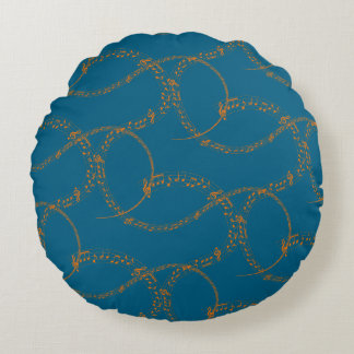 Orange Gold on Blue Music Note Pattern  Rond Kussen