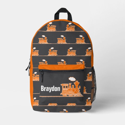 Orange gray steam train kids named  bedrukte rugzak (Voorkant)