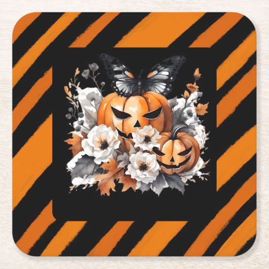 Orange Halloween Pumpkin Floral Kartonnen Onderzetters (Voorkant)