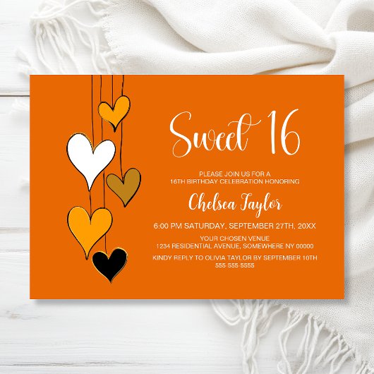 Orange Heart Theme Sweet 16 Birthday Kaart