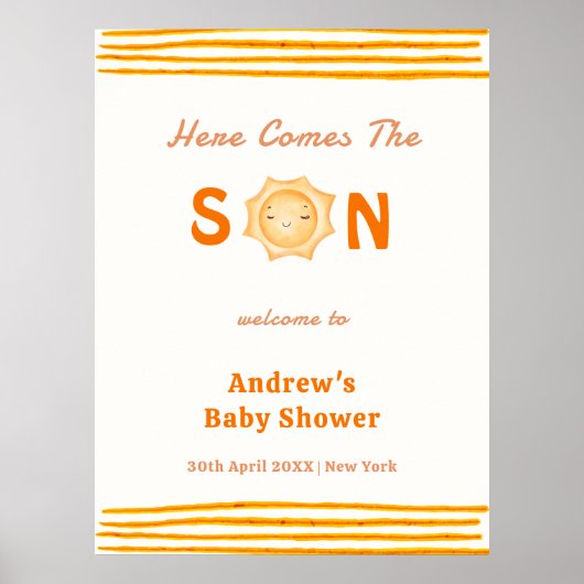 Orange Here Comes The Son Baby Shower Welcome Poster (Voorkant)
