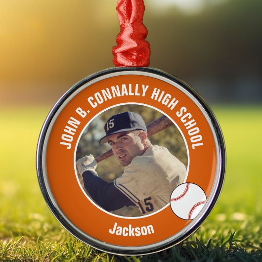Orange High School Baseball Player Photo Christmas Metalen Ornament