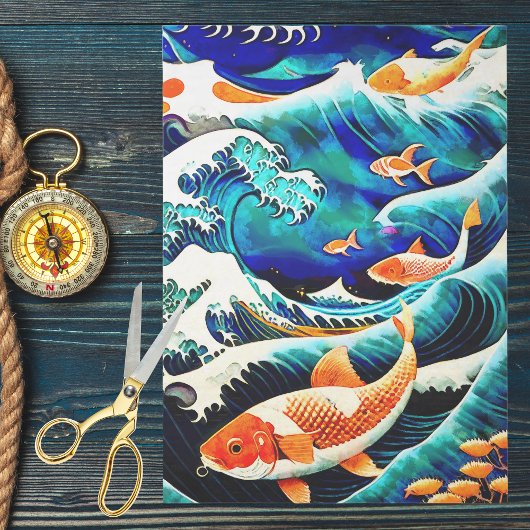 Orange Koi Fish in a Great Wave Japanese Style   Tissuepapier