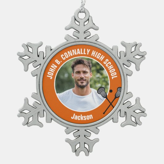 Orange Lacrosse Player Photo High School Tin Sneeuwvlok Ornament (Voorkant)