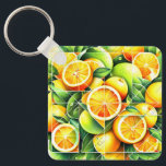 Orange Lemon Botanical Citrus Geometric Sleutelhanger<br><div class="desc">Geometric fresh oranges and lemons surrounded by lush green leaves.</div>