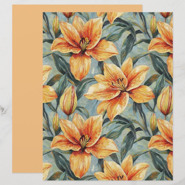 Orange Lily on Sage Green Scrapbook Paper (Voorkant / Achterkant)