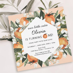 Orange Little Cutie 1st Birthday Party  Invitation Kaart