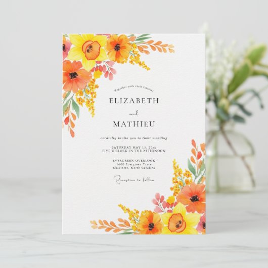 Orange Lively Botanical Spring Wedding Kaart (Staand voorkant)