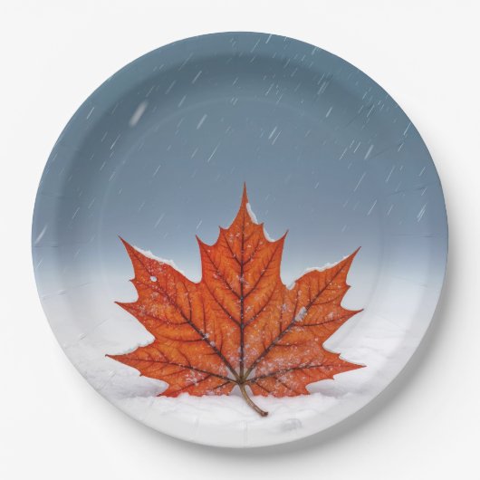 Orange Maple Leaf On Fresh Snow  Papieren Bordje (Voorkant)