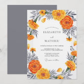 Orange Marigold Bloom Romantic Wedding Kaart (Voorkant / Achterkant)