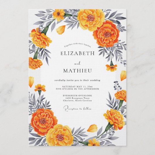 Orange Marigold Bloom Romantic Wedding Kaart (Voorkant)