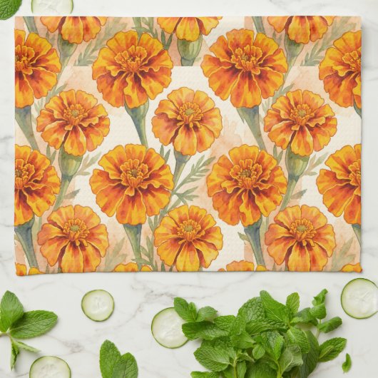 Orange marigold flowers pattern theedoek (Gevouwen)