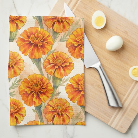 Orange marigold flowers pattern theedoek (Quarter Fold)