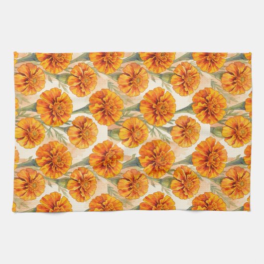 Orange marigold flowers pattern theedoek (Horizontaal)