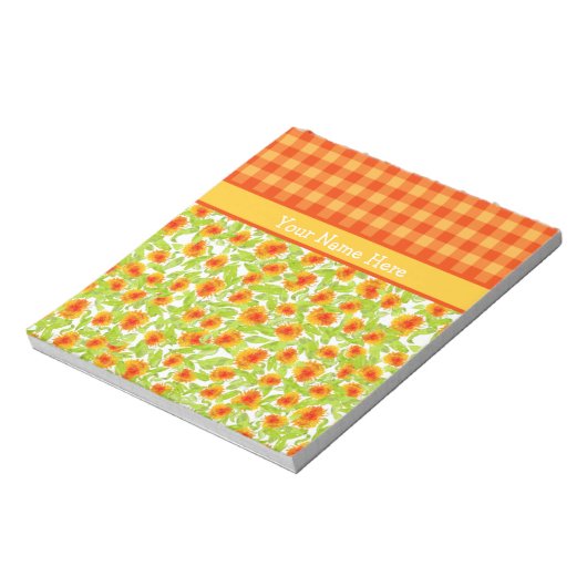 Orange Marigolds and Check Gingham Notepad, Jotter Notitieblok (Linkerzijde)