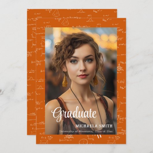 Orange Math College Script Photo Graduation Aankondiging (Voorkant / Achterkant)