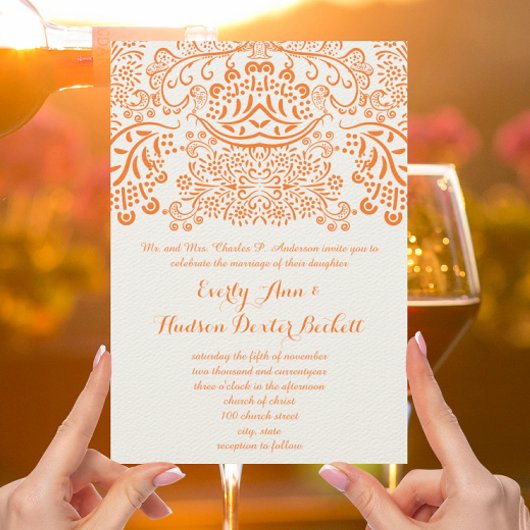 Orange Mehndi Lace Bohemian Wedding Invitation Kaart