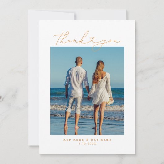 Orange | Minimalistische Eenvoudig Script Hart Wed Bedankkaart (Voorkant)