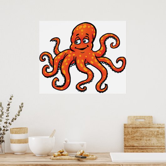 Orange Octopus Cartoon Ocean Sea Creature Poster (Keuken)