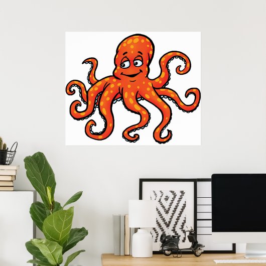 Orange Octopus Cartoon Ocean Sea Creature Poster (Thuiskantoor)