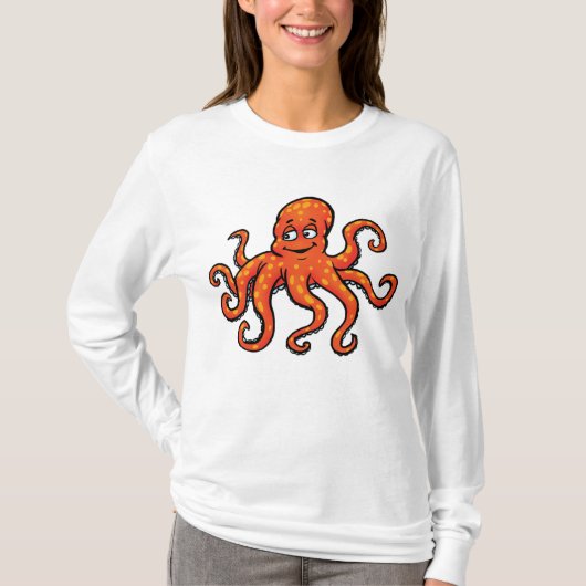 Orange Octopus Cartoon Ocean Sea Creature T-shirt (Voorkant)