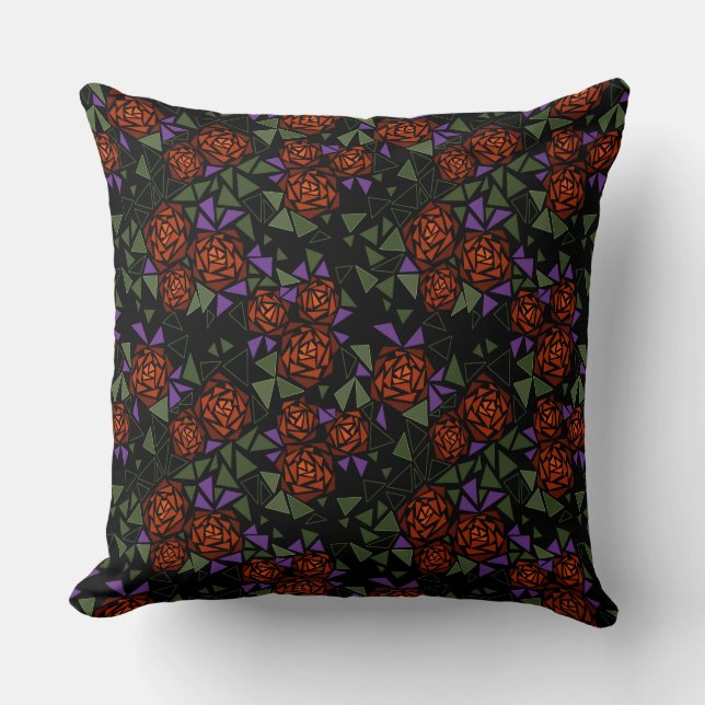 orange olive black mosaic floral pattern retro kussen (Voorkant)