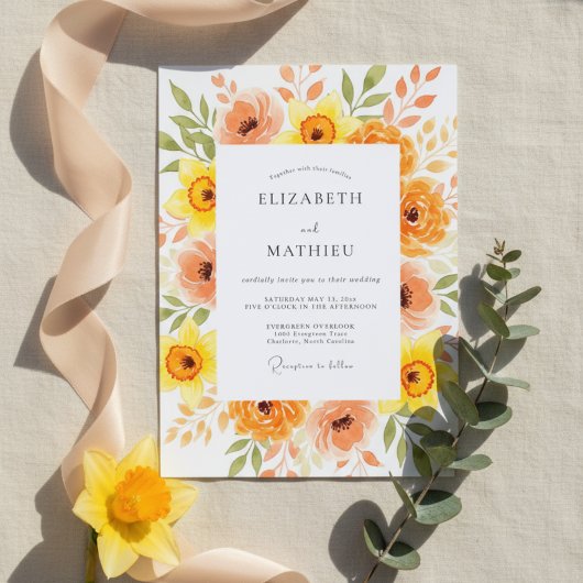 Orange Peach Painterly Blossom Wedding Kaart