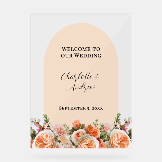 Orange pink florals arch clear wedding welcome acryl bord (Voorkant)