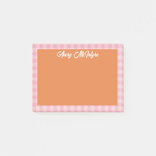 Orange Pink Gingham Border Name In Cool Script Post-it® Notes (Voorkant)