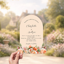 Orange pink peach florals arch clear wedding acryl uitnodigingen